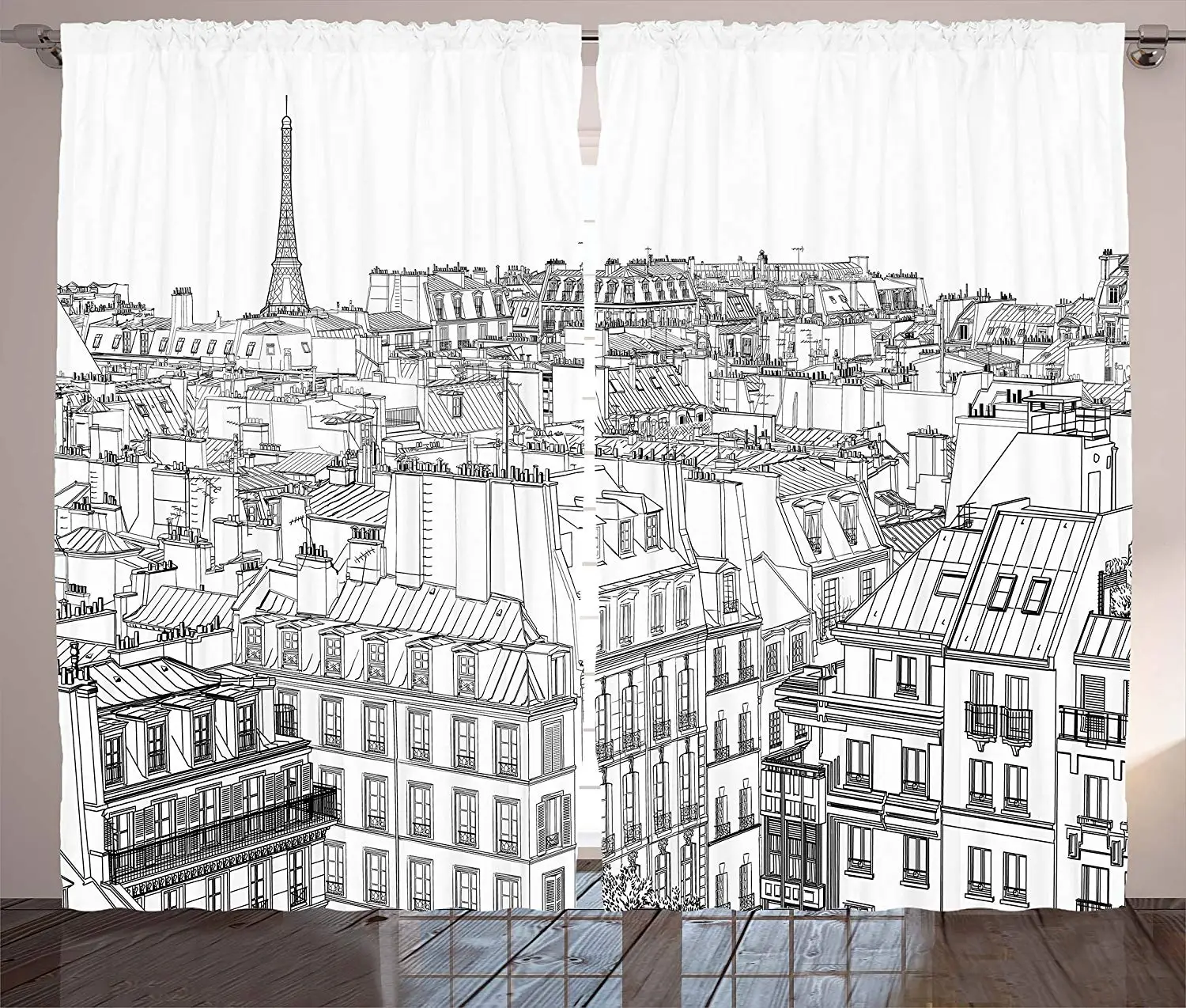 

Paris Curtains Architecture Theme Design Illustration of Roofs in Paris and Eiffel Tower Print Living Room Bedroom Window Drapes