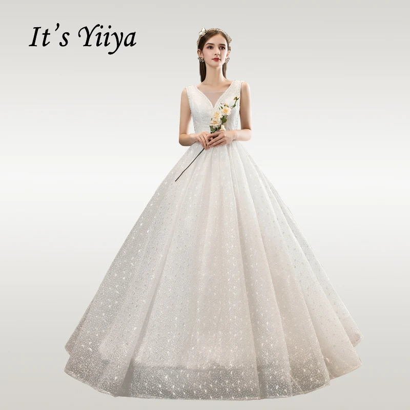 

It's YiiYa Wedding Dress Elegant V-neck Beading Floor Lengh Wedding Dresses Free Shipping Sleeveless Lace Vestido de novia HS755