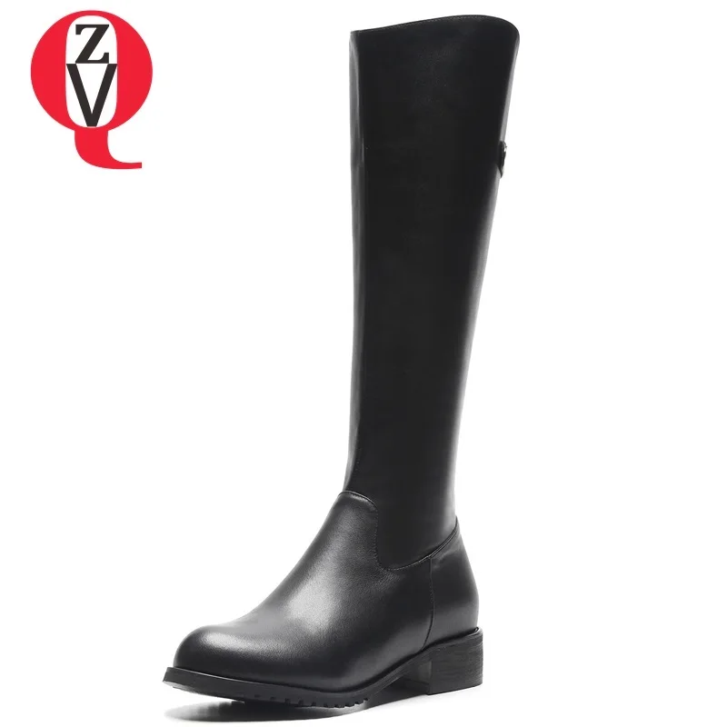 

ZVQ women shoes 2018 new fashion concise genuine leather med hoof heels round toe zipper black knee high boots free shipping