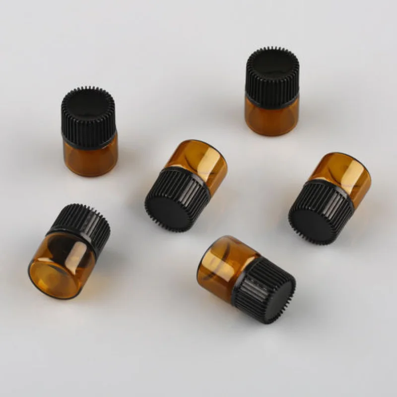 Mayitr 100pcs Mini Amber Empty Essential Oil Bottle 1ml Glass Sample Essential Oil Perfume Refillable Bottles