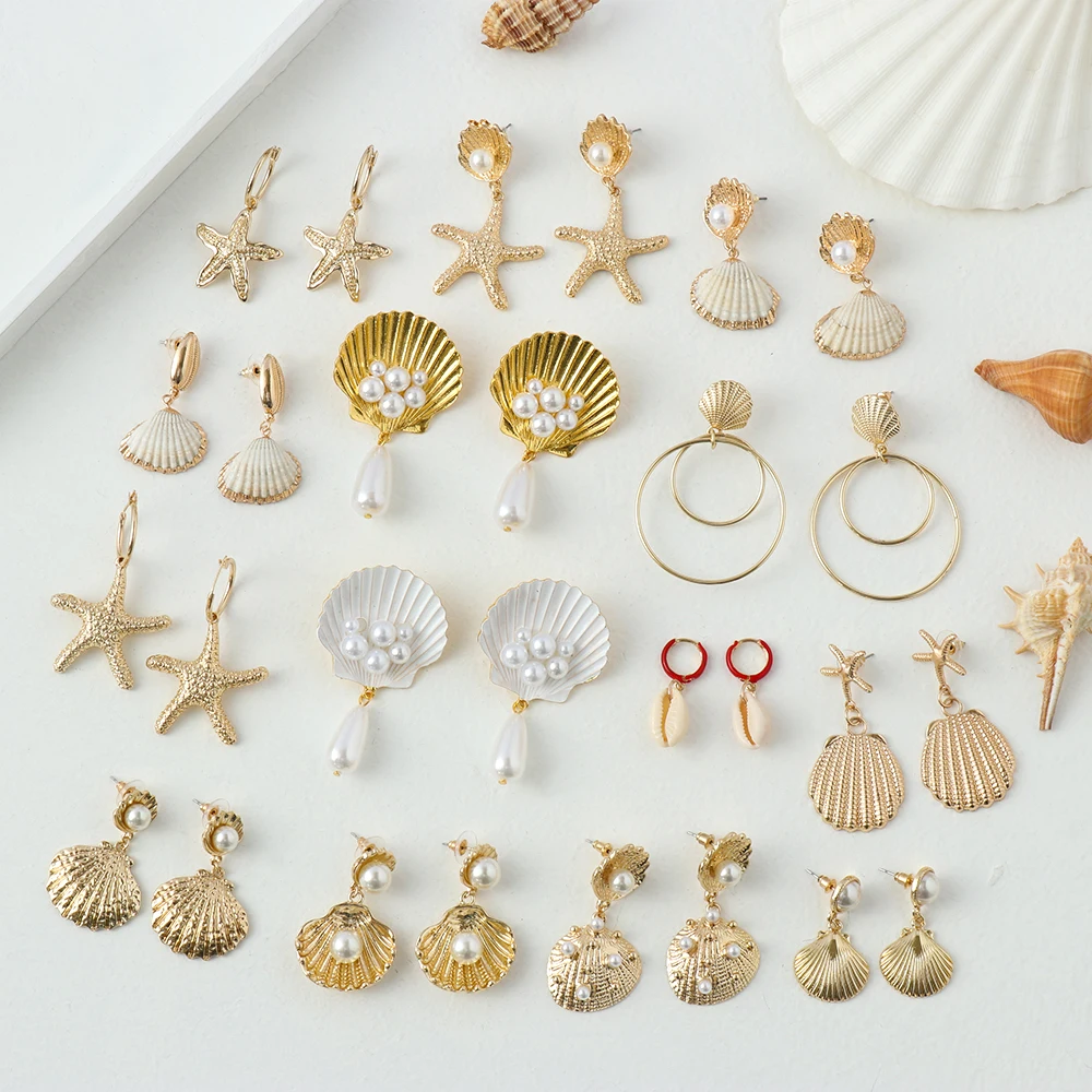 

Women Pearl Sea Shell Starfish Conch Pendant Statement Circle Dangle Drop Earrings Bride Irregular Geometric Beach Jewelry