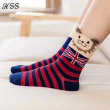 Новые Теплые носки на осень и зиму для детей, с рисунком в виде льва, флаг, хлопковые носки в полоску