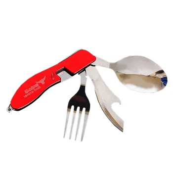 

Outdoor Tableware Camping Barbecue Folding Knife And Fork Three-in-one Portable Picnic Stainless Steel Spoon Red