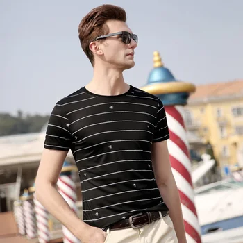 

Men short sleeve T-shirt 2019 Summer New Casual Tops Silk T shirt with stripes Breathable Basic 7385