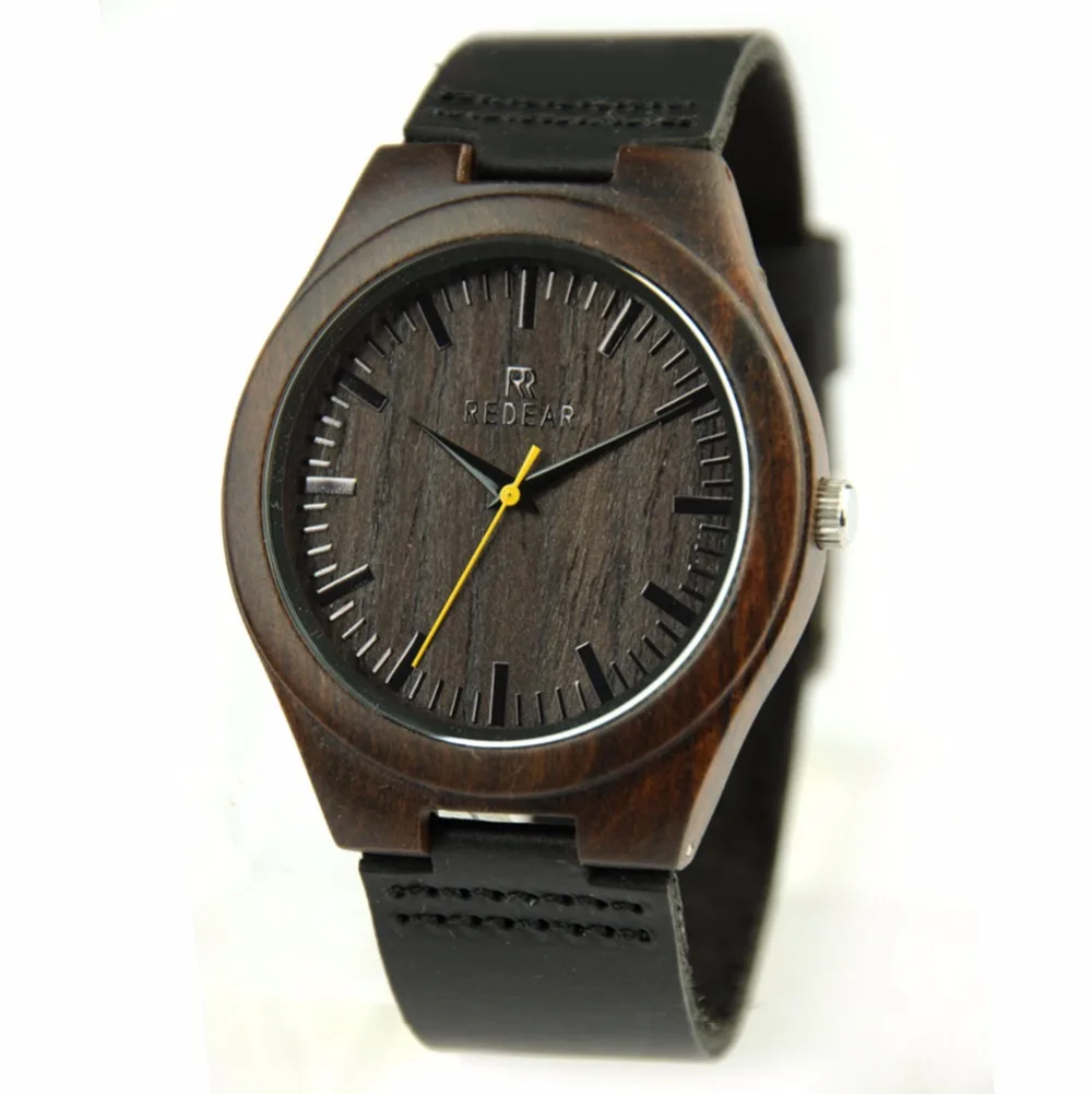 ФОТО REDEAR Mens Wooden Watches Natural Black Sandalwood Watch Case Green Hands Watch Dial Top Brand Quartz Wrist Watches