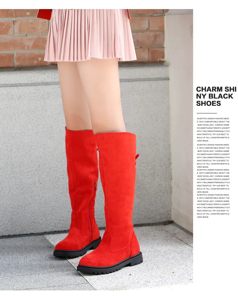 Ботинки для девочек; Новинка года; зимние женские замшевые высокие ботинки для принцессы; однотонные зимние ботинки на плоской подошве с бантом; цвет красный, черный