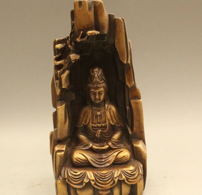 

8" Chinese Bronze Seat Kwan-yin Guan Yin Boddhisattva Mountain Statue Sculpture