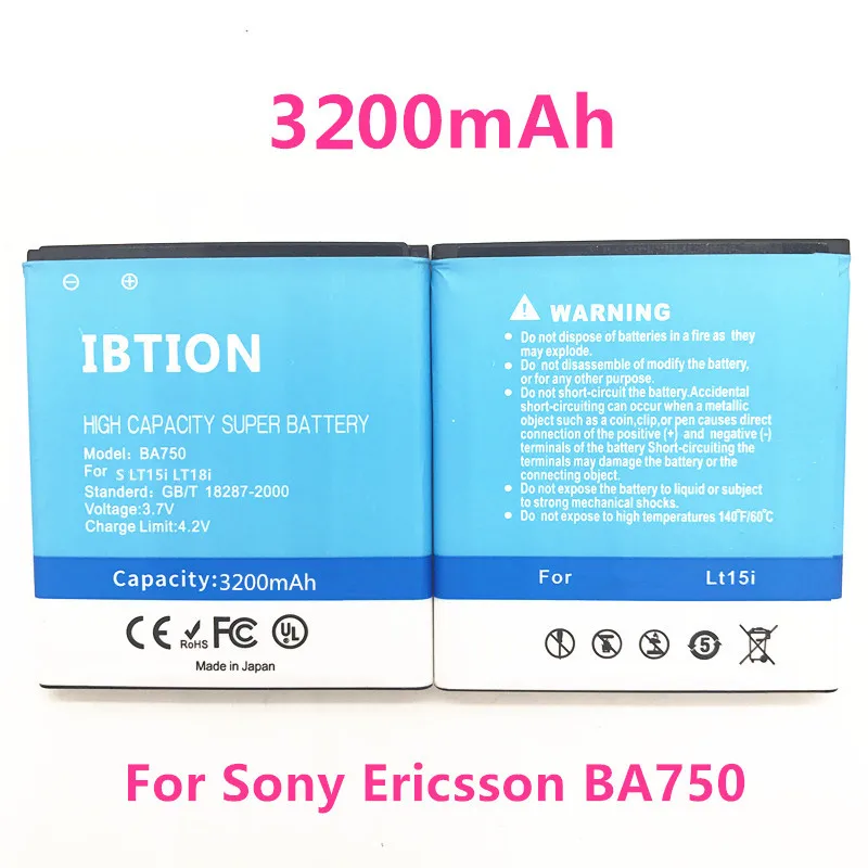 IBTION 3200mAh BA750 литий-ионный аккумулятор для телефона Sony Ericsson Xperia Arc S LT15i LT18i X12 и т. Д. |