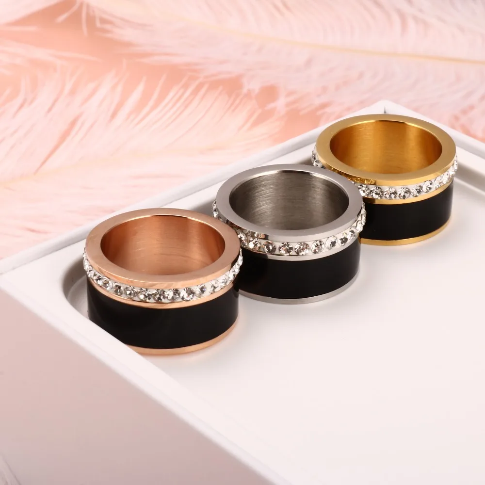 Винтажные черные кольцо из нержавеющей стали 316L мужские 11 мм ширина один ряд керамических кристаллов Ювелирные изделия обручальное кольцо мужской палец кольцо для влюбленных