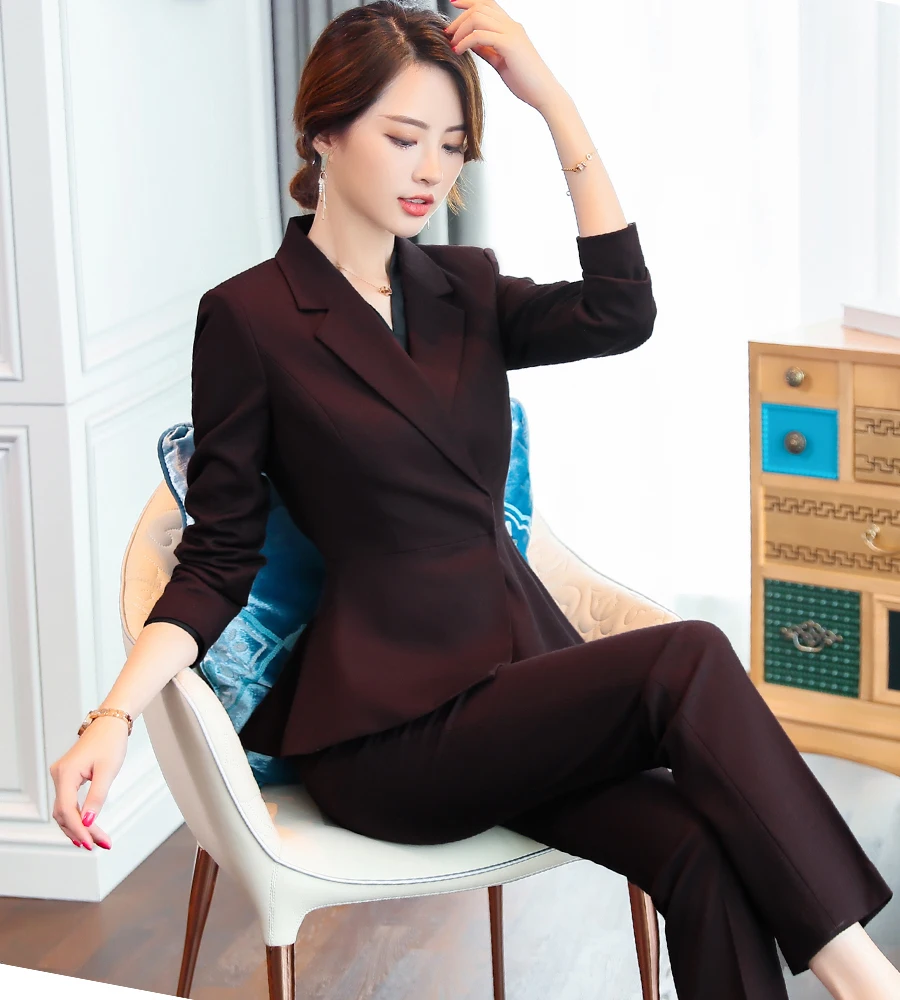 Новый комплект из 2 частей Бизнес костюм женщины юбка костюм высокого качества тонкий рабочая одежда формальный полный рукав оборками вина