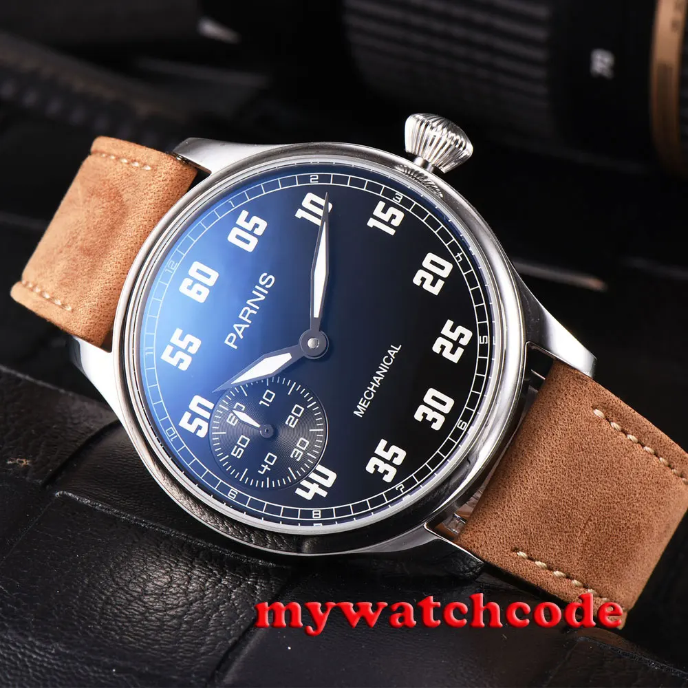 

44mm parnis black dial luminous marks leather 6497 hand winding mens watch P808