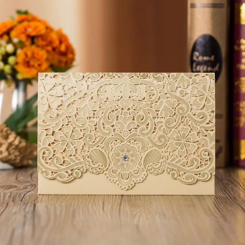  100pcs Gold Red Laser Cut Diamond Wedding Invitations Card Greeting Card Elegant Personalized Weddi