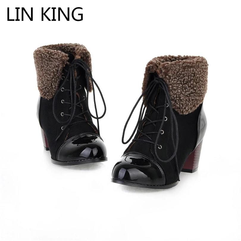 

LIN KING Leather Thermal Winter Warm Round Toe Women Boots Medium Square Heel Warm Plush Ankle Shoes Lace Up Martin Boots