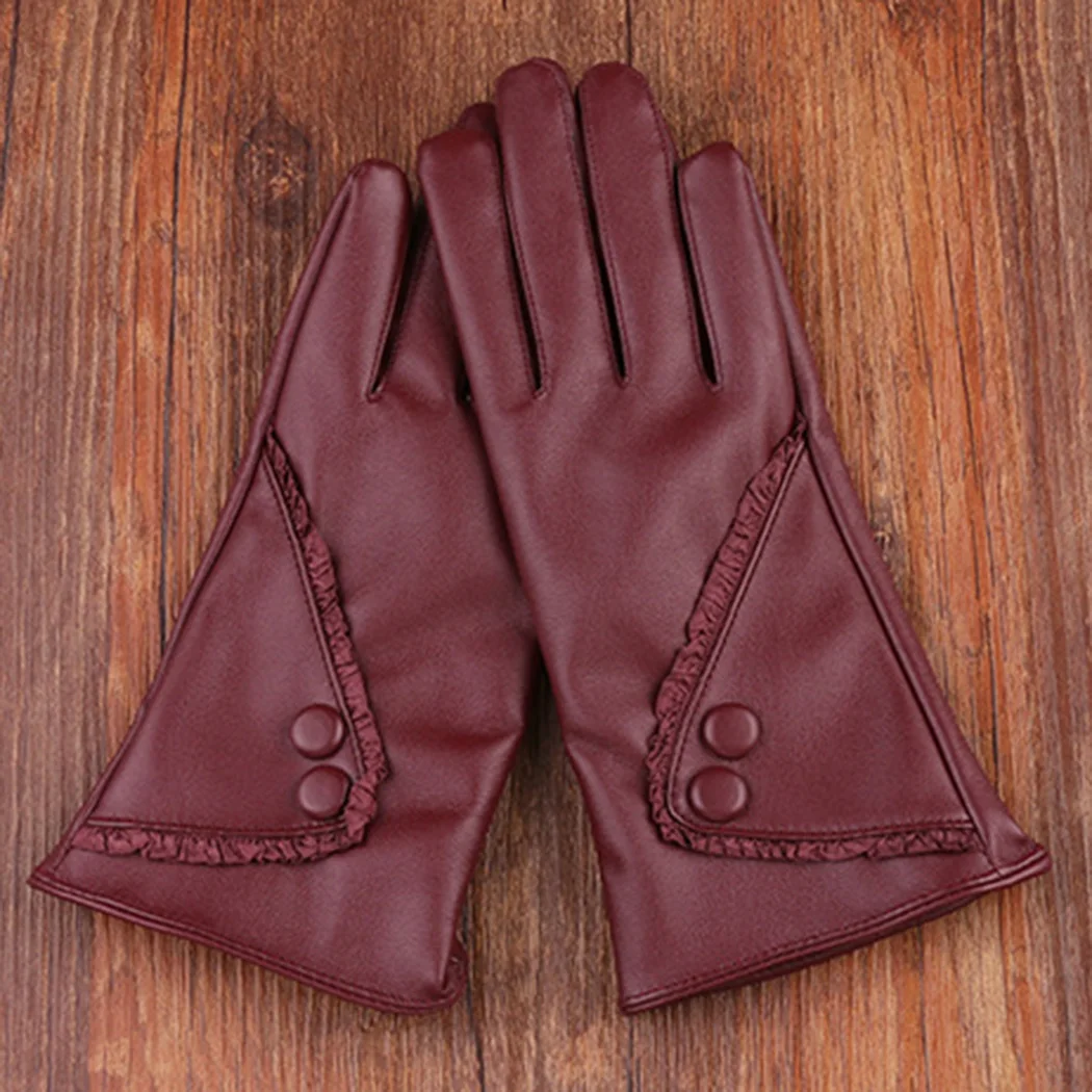 Женские перчатки из искусственной кожи зимние теплые кружевные сенсорные перчатки варежки элегантные женские лыжные перчатки для