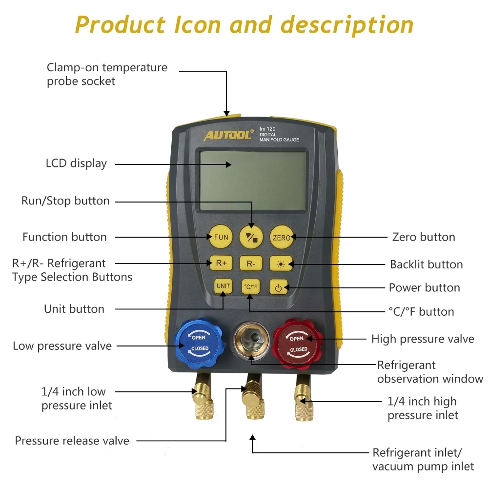 AUTOOL LM120+ хладагент холодной средней холодильной цифровой коллектор метр HVAC вакуумное давление температура тестер же, как Testo