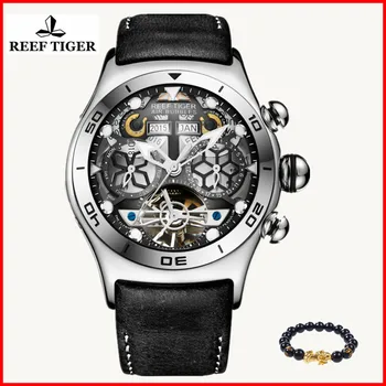 

Reef Tiger Mens Sport Watches Big Skeleton Dial Luminous Tourbillon Year Month Calendar Automatic Watch Relogio Masculino+gift