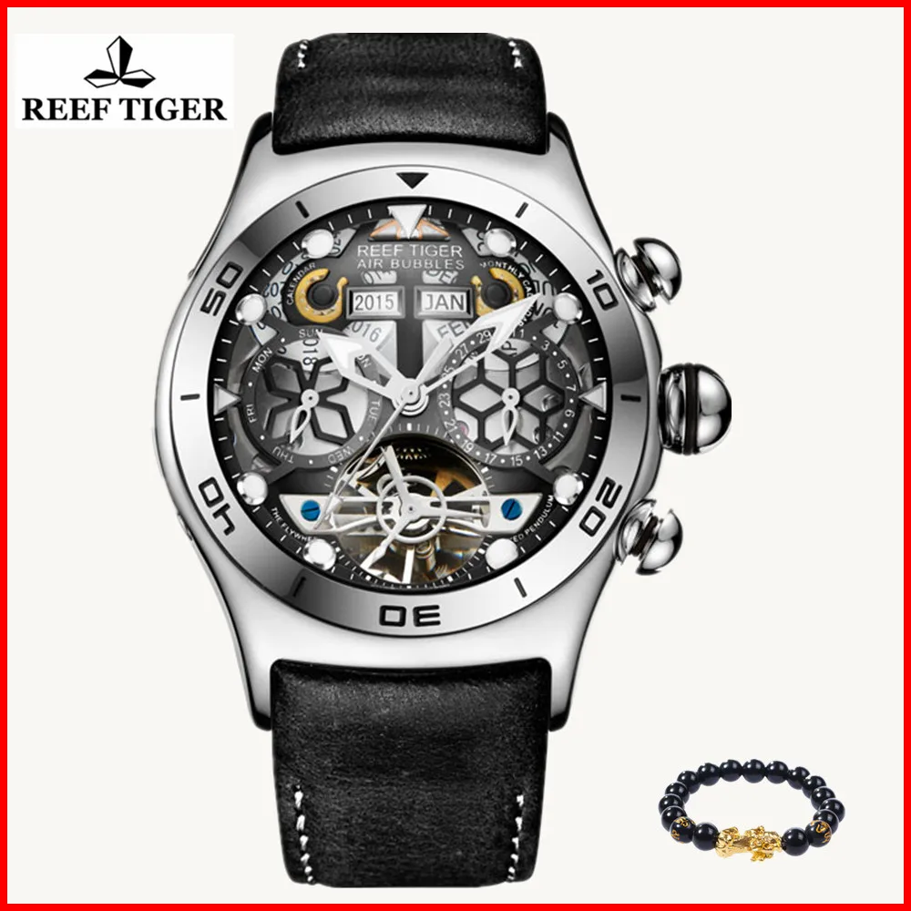 Спортивные мужские часы Reef Tiger с большим циферблатом светящимся календарем на