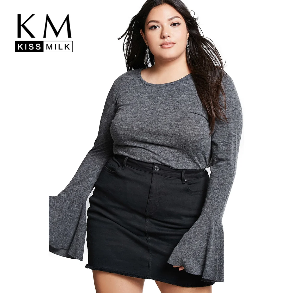 

kissmilk 2018 Plus Size Solid Grey Flare Sleeve Women T-shirts O-neck Long Sleeve Brief Female Clothing Casual Big Size Tops