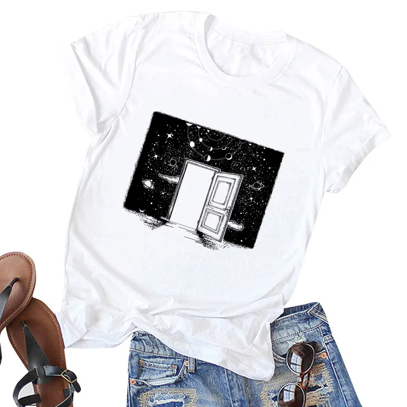Новинка, футболка с космическим космосом, с принтом, Вселенная вера, Harajuku, женская футболка с круглым вырезом, короткий рукав, белые топы, женская одежда - Цвет: 319