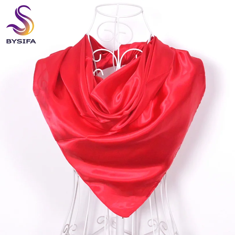 [BYSIFA] Зимние простые квадратные шарфы для женщин, мужские новые яркие цвета, шелковый шарф 90*90 см, Осеннее шелковое кашне мусульманские платки - Цвет: red