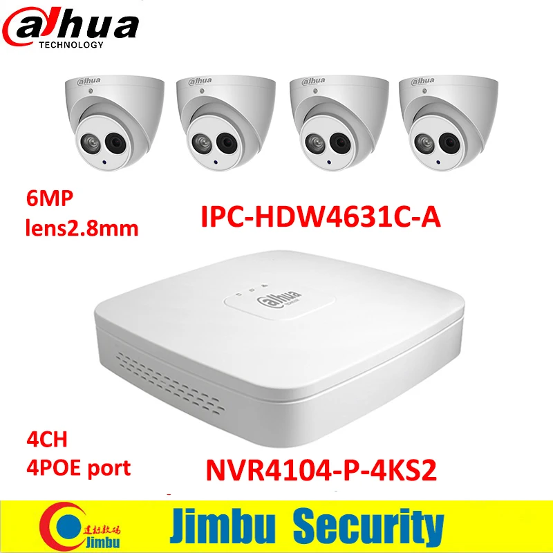 

Dahua IP surveilliance system NVR kit 4CH 4K video recorder NVR4104-P-4KS2 & Dahua 6MP IP camera 4pcs IPC-HDW4631C-A H.265 DVR