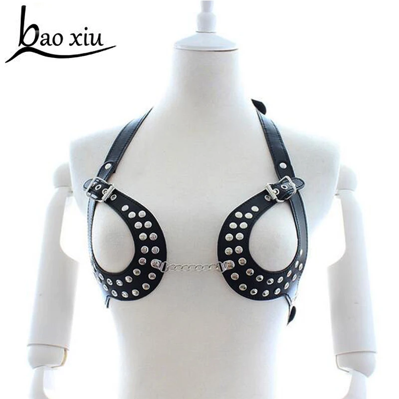

Women sexy Breast implants Goth Lolita Handmade Leather Bra Corsets Body Bondage Chest Cage rivets Harness Belts