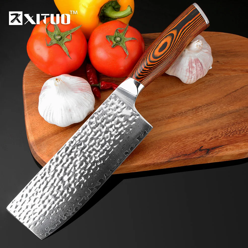 XITUO 7 дюймов высококачественный кухонный нож японский VG10 дамасский нож шеф-повара цветной деревянный ручной работы кованый сантоку Кливер инструмент для нарезки