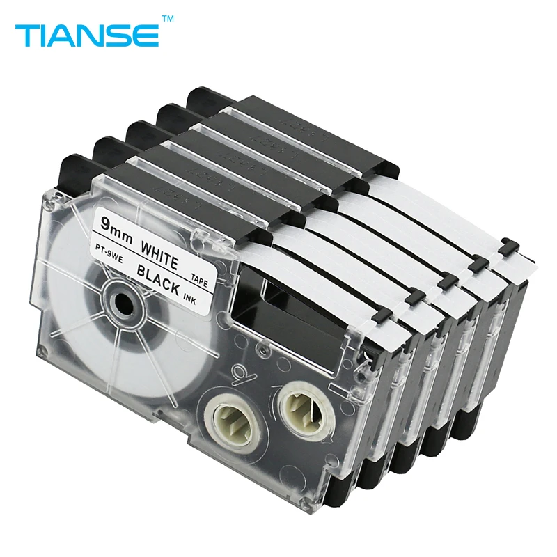 TIANSE 5 قطع أسود على أبيض 9 ملليمتر شريط ملصقات XR-9WE متوافق ل casio label طابعة XR9WE XR 9WE مع نوعية جيدة PT-9WE الشريط