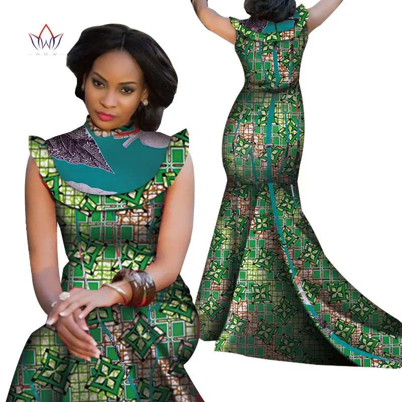Модные африканские платья Bazin Riche для женщин с принтом и стоячим воротником, платья Русалочки, Дашики, африканская женская одежда WY4309