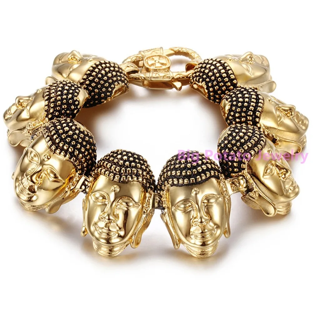 

138G Exotic Style Handsome Men's Strong Bracelet 316L Stainless Steel Buddha Head Bangle Heavy Jewelry 22cm*34mm Yellow Gold