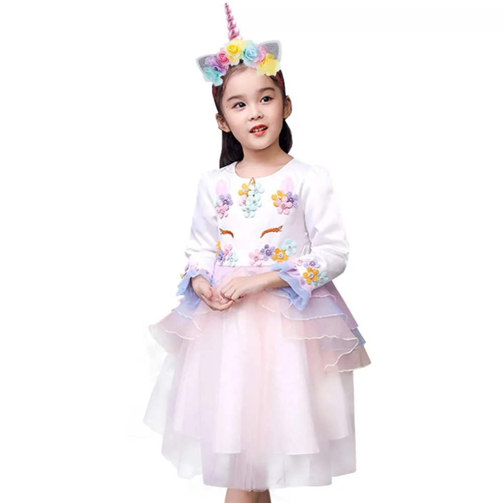 

Fashion New Unicorn 2pcs Baby kid Girls Clothes Set Long Sleeves Tulle Girls Dress Headband Princess Cute Baby Kid Girls Outfit