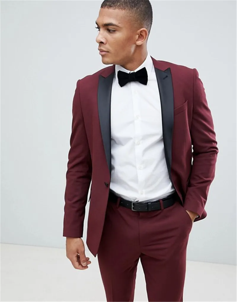 Fashion Burgundy Men Suits Slim Fit Peak Lapel One Button 2 Pieces Set