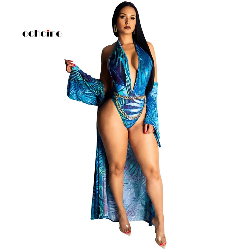 

Echoine Women 2 Pcs Set Bodysuit Cloak Cross Halter Keyhole Design Sexy Brief Backless Leaf Print Coat Suits Beach Style Outwear