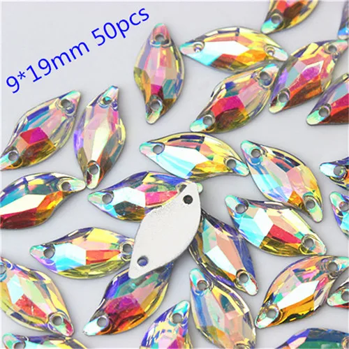 200-30pcs/bag Crystals AB Rhinestones trim Flat Back sewing 2 Hole Stones Resin Beads For DIY Wedding Dress Decoration 8Y668 - Цвет: 9x19mm 50pcs