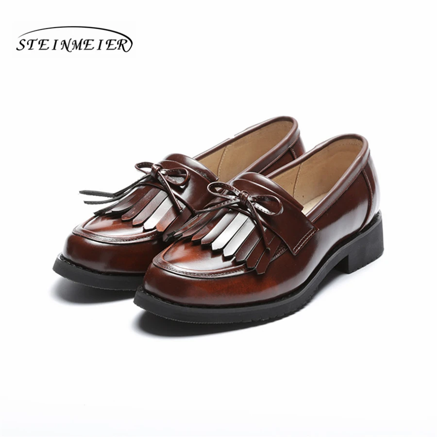 women flat casual shoes 100% genuine cowskin leather bow tassel black brown flat round toe handmade retro brogue handmade shoes Women's Shoes