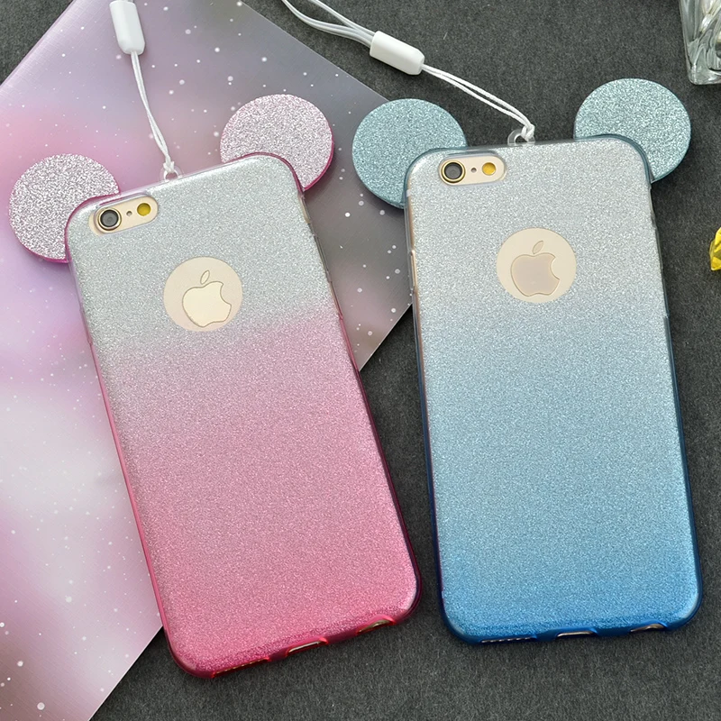 New 3D Mickey Minnie Mouse Ears TPU Glitter Gradient Case For IPhone 7 6 6S Plus