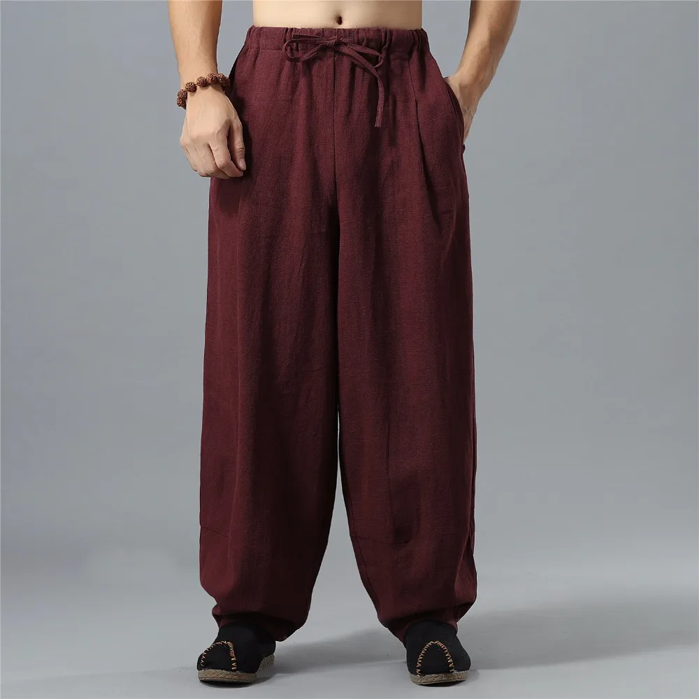 

LZJN Kung Fu Pants Flax Long Trousers Elastic Waist with Drawstring Linen Bloomers Traditional Chinese Mens Trousers MF-64