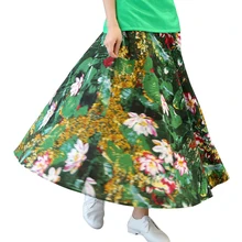 Новинка года; зеленая юбка до щиколотки с цветочным принтом; гофрированные расширяющиеся книзу юбки в китайском стиле; юбка с эластичной резинкой на талии; сезон весна-осень-лето