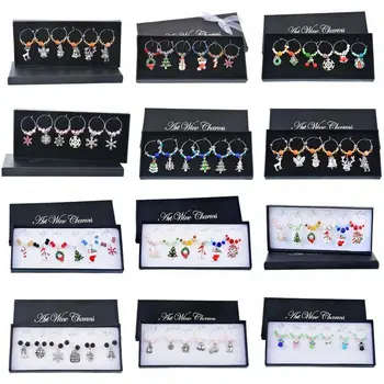 

Urijk 6PCs/Box Wine Charms Reindeer snowflake Crystal Wine Marker Enamel Pendant Christmas Table Decorations New Year
