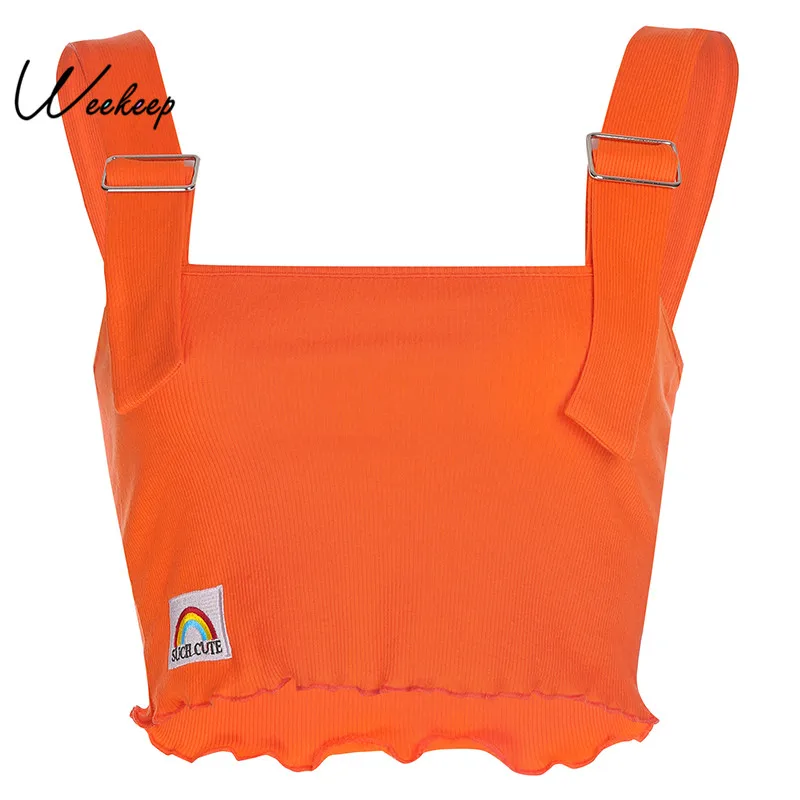

Weekeep Streetwear Adjustable Buckle Tank Top Women Sexy Cropped Backless Crop Top 2019 Summer Orgnage Knitted Tank Tops Women