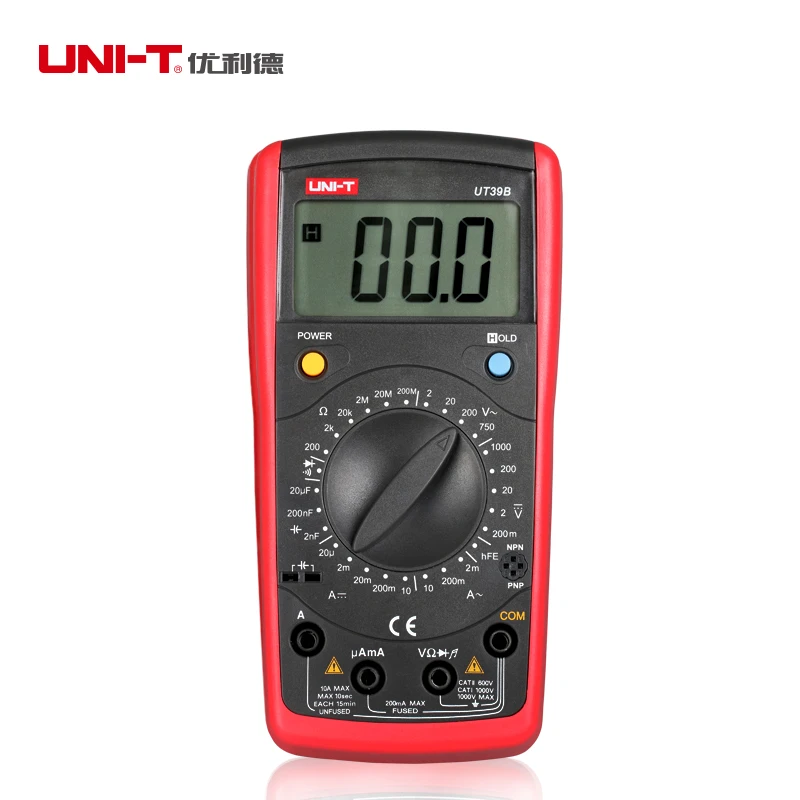 

Portable UNI-T UT39B Multimeter Amp Ohm Volt Tester Digital LCD Count 1999 Manual Range Transistor Data Hold With Holster