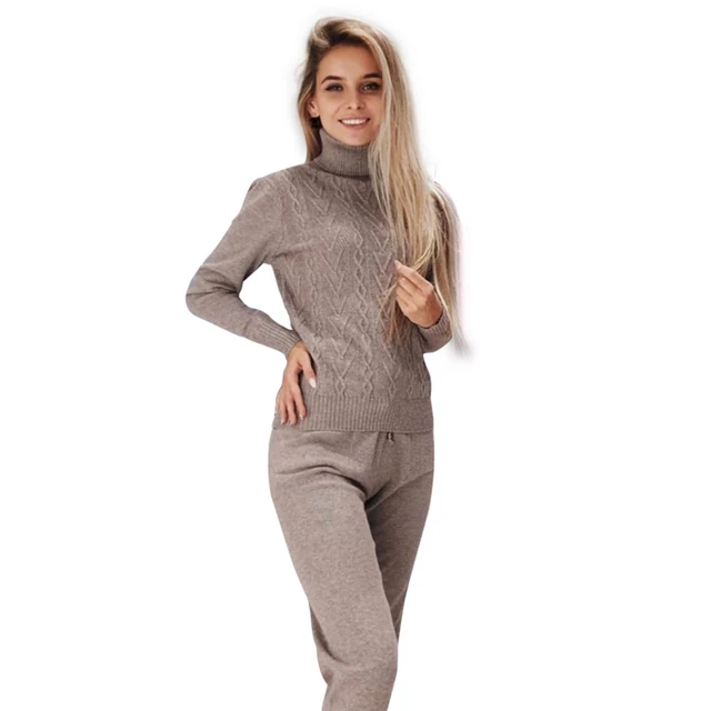 US $30.79 MVGIRLRU woman sweater suits twisted knitted sets turtleneck pull femme and pant two piece outfits