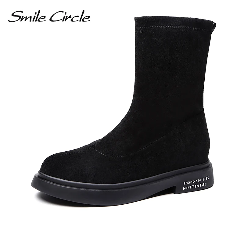 

Smile Circle Suede Leather Elastic Short Boots Women Round toe Slip-On Boots black flat shoes 2018 Autumn High-quality Shoes