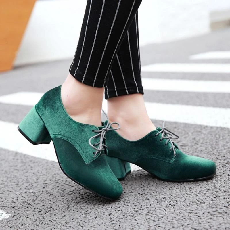 

Womens Round Toe Velvet Smooth Block High Heel Lace Up Shoes OL Wingtip Pumps Low Top Brogue 4Colors New A782