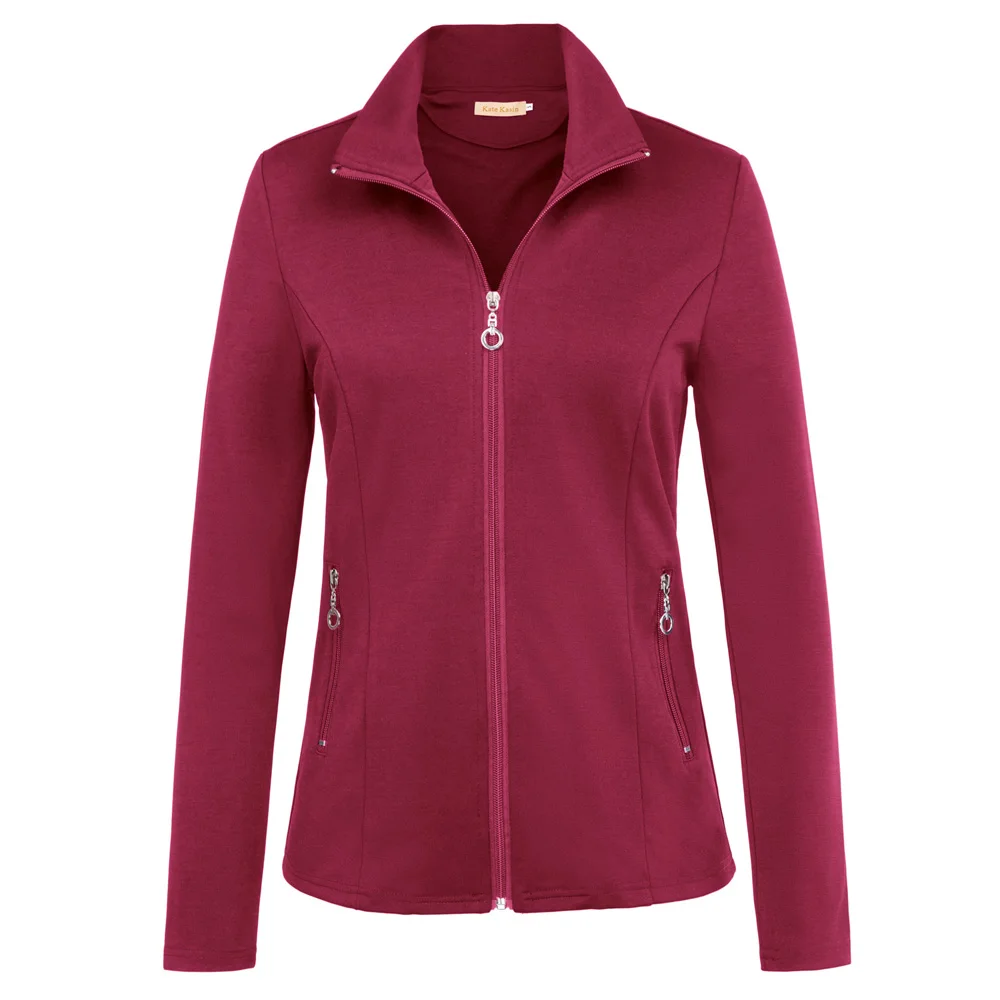 KK женское приталенное пальто осень весна стильное приталенное пальто с длинным рукавом и отворотным воротником с карманом на молнии однотонная спортивная одежда топы для девушек - Цвет: Wine