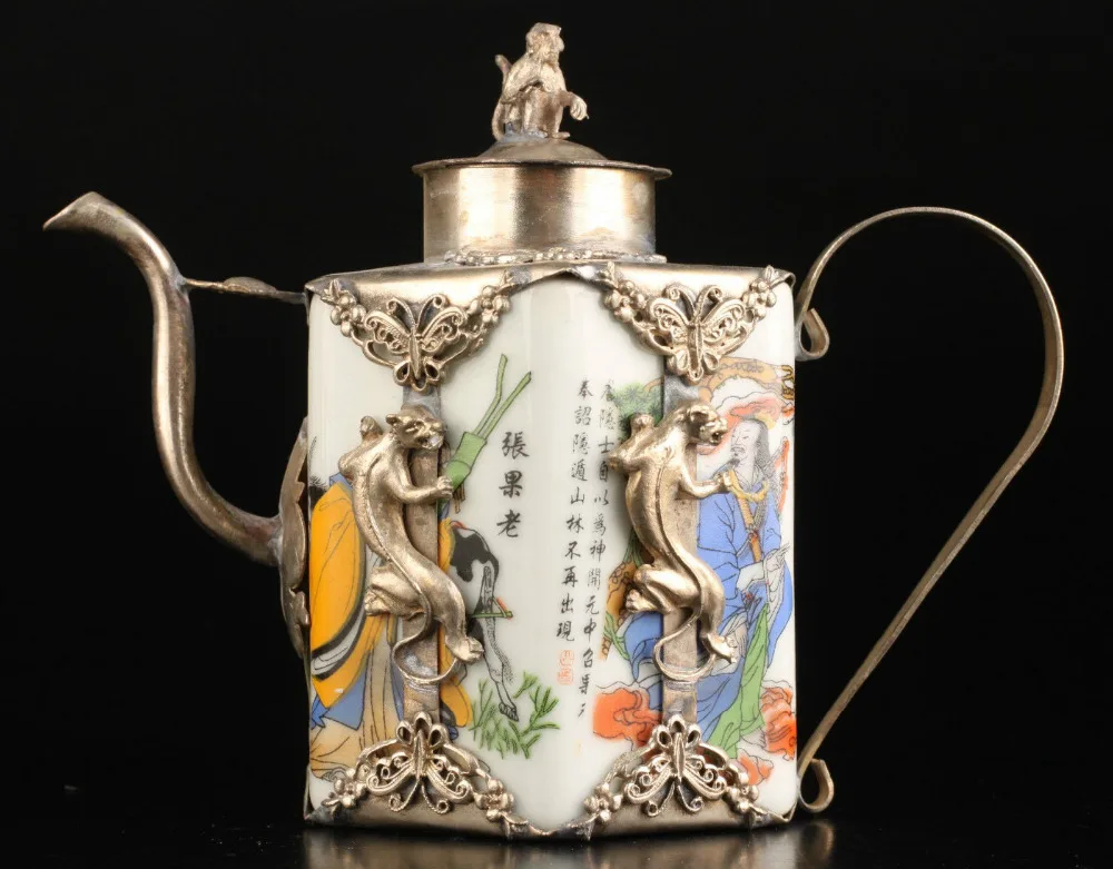 

old SUPERB VINTAGE COLLECT OLD DECORATION COPPER GECKO BUTTERFLY PORCELAIN TEAPOTStatue wholesale factory BRASS Arts outlets
