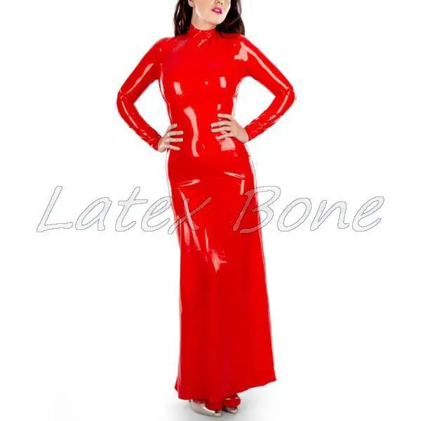 Free shipping customize rubber Latex fetish long dress red color latex