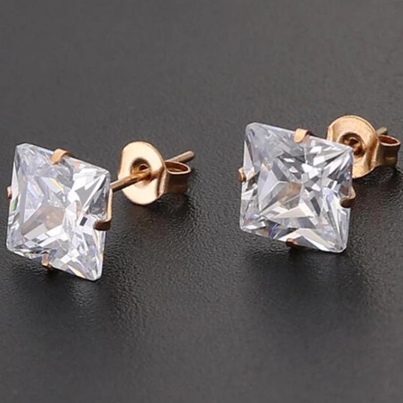 2 Pieces Stainless Steel Push Back Stud Earring Square Clear Zircon ...