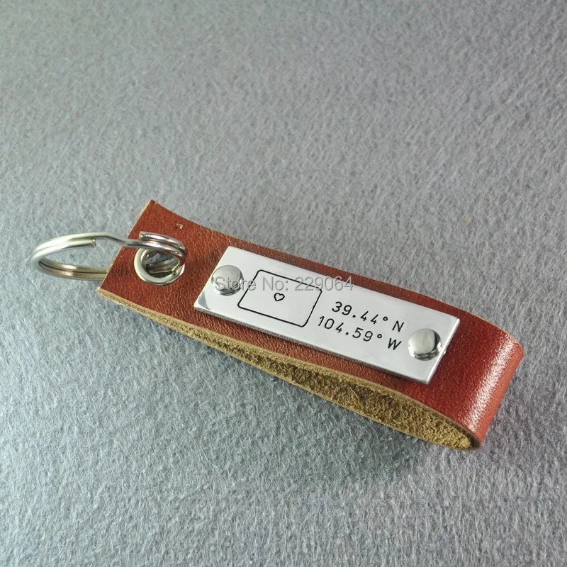 

Personalized map key chain, Colorado key chain, Leather map keyring, Custom longitude& latitude Hand stamped Men's jewelry