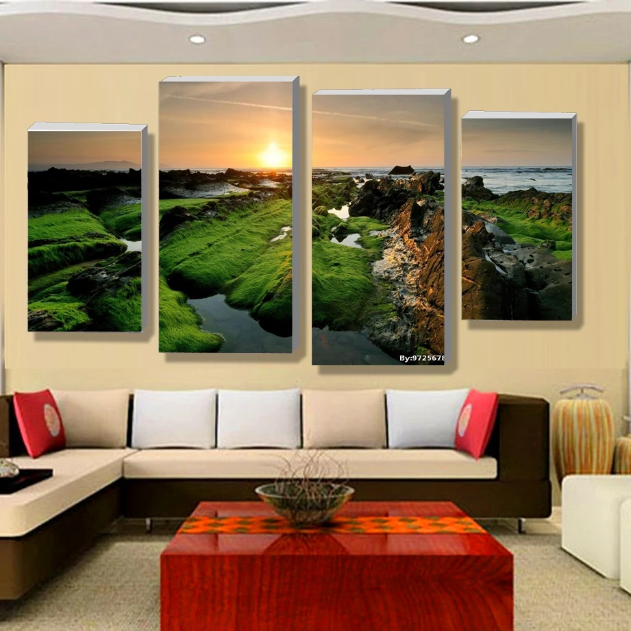 

4 Panel Sets Beautiful Waterfall Landscape Painting Flowers Modern Pictures On Canvas Artwork Print Customized Picture A-10-34